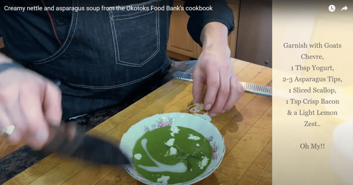 Creamy nettle and asparagus soup from the Okotoks Food Bank's cookbook